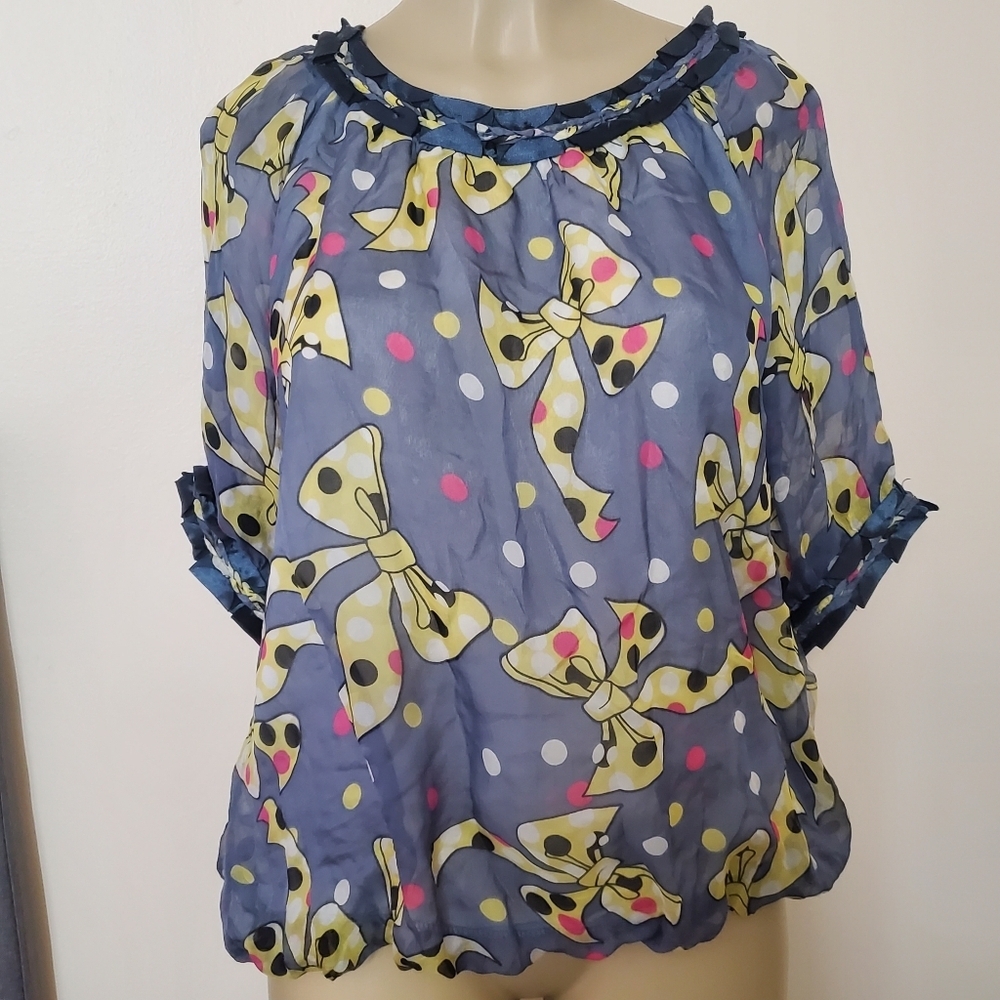 Marc Jacobs | Women's Silk Top Polka Dot Bows Print Small Periwinkle